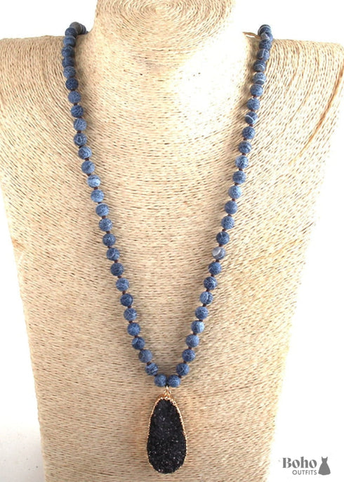 Boho Necklace, RH Precious Stone, Blue with Druzy